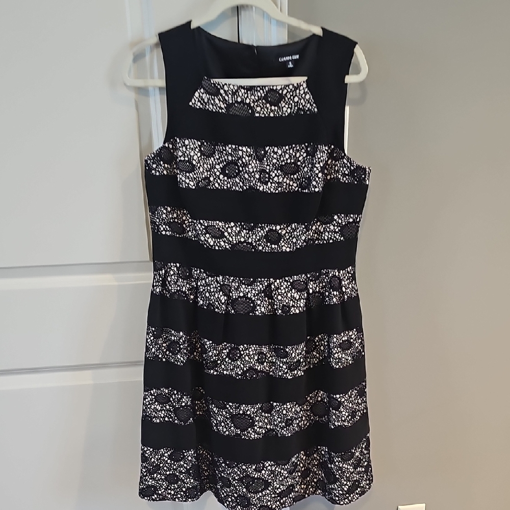 Gianni Bini Black and White Striped Lace-Pattern Mini Dress